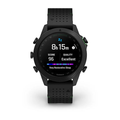 Garmin MARQ Golfer (Gen 2) Carbon Edition smartwatch displaying sleep data with a score of 96 and excellent quality.