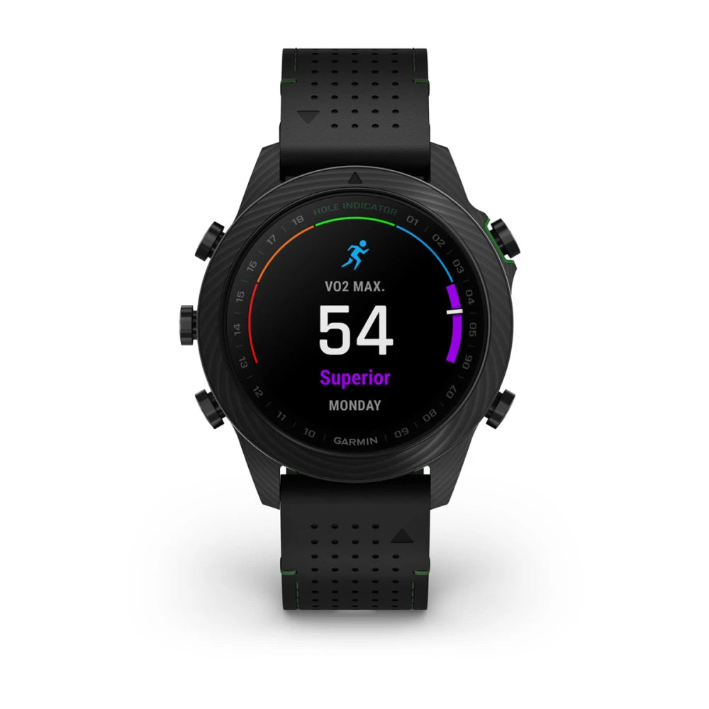Garmin MARQ Golfer (Gen 2) Carbon Edition smartwatch displaying VO2 Max score of 54 with a black strap and colorful indicators.