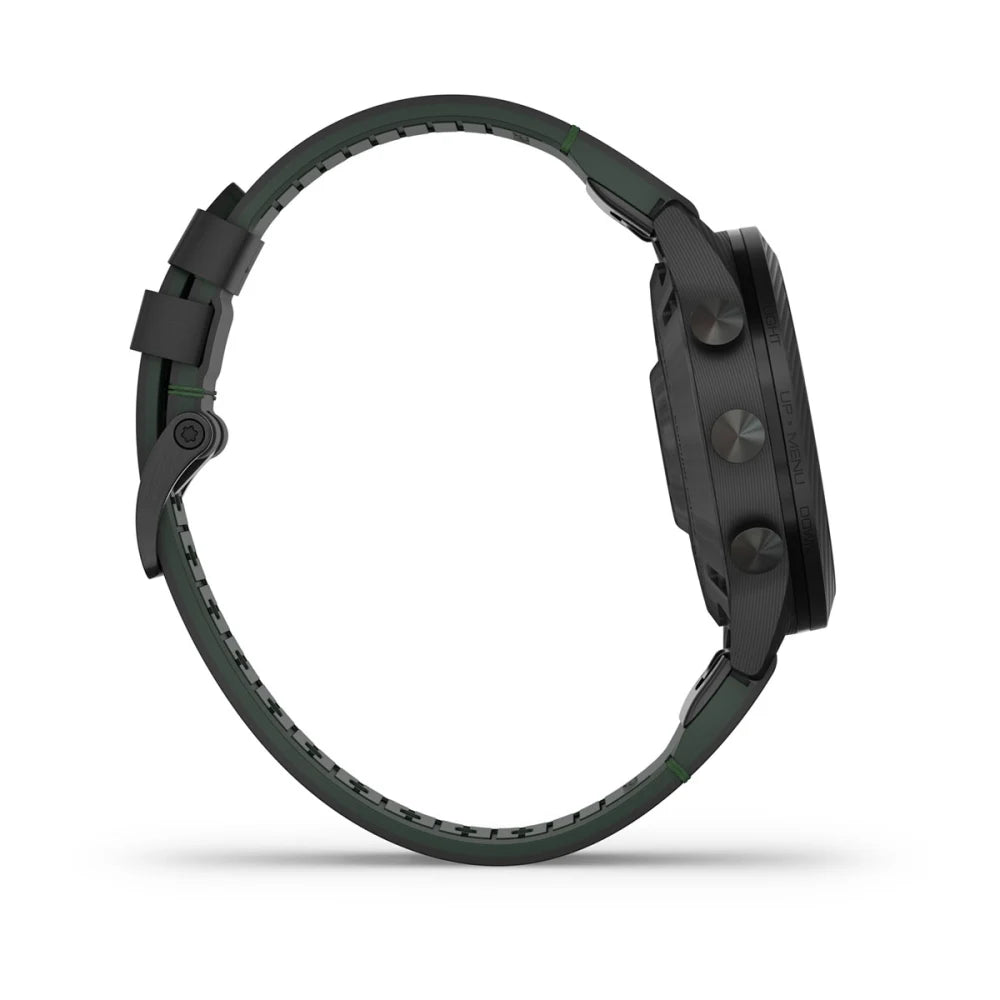 Garmin MARQ Golfer (Gen 2) Carbon Edition smartwatch shown from the side, featuring a black and green design.