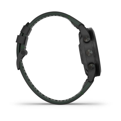Garmin MARQ Golfer (Gen 2) Carbon Edition smartwatch shown from the side, featuring a black and green design.
