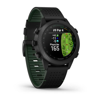 Garmin MARQ Golfer (Gen 2) Carbon Edition smartwatch displaying a golf course hole map with statistics for hole #9 Par 4, including scores and distance information.