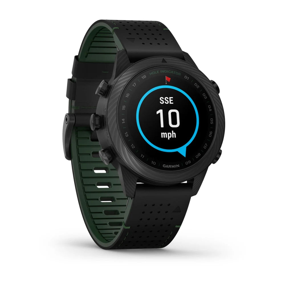 Garmin MARQ Golfer (Gen 2) Carbon Edition smartwatch displaying a hole indicator and wind speed.