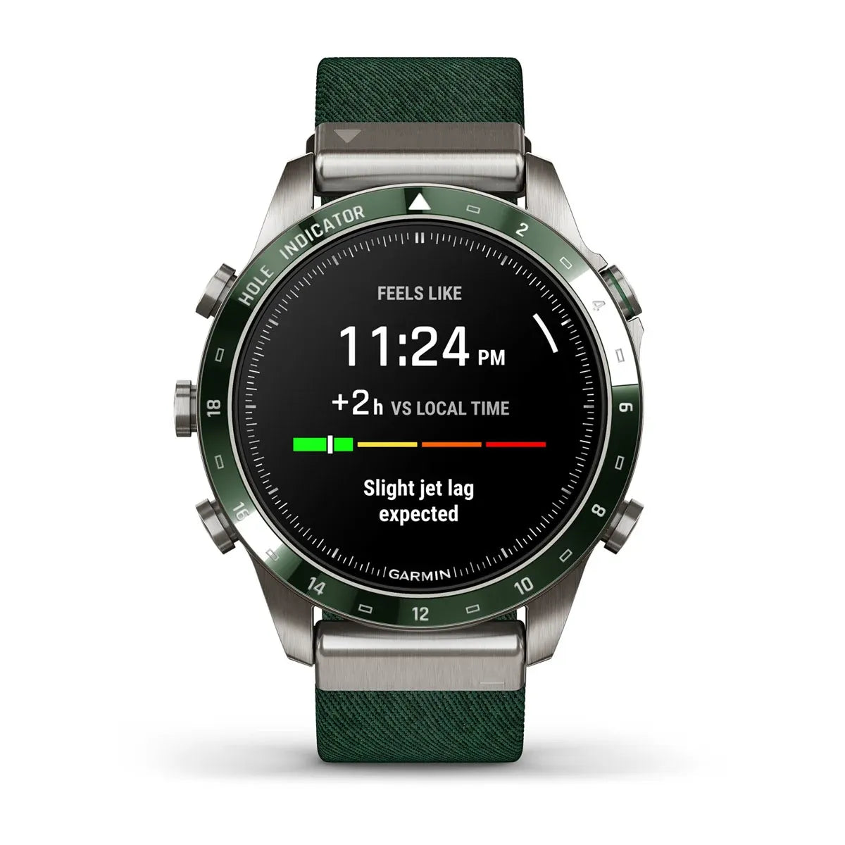 Garmin MARQ Golfer Gen 2 – front hero on textured green strap