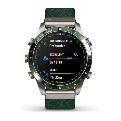 Garmin MARQ Golfer Gen 2 – straight-on dial view with yardage data
