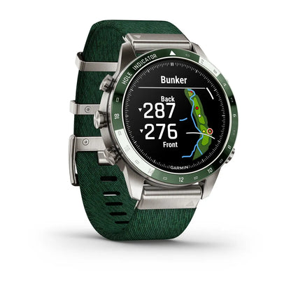 Garmin MARQ Golfer Gen 2 – side profile highlighting green ceramic bezel