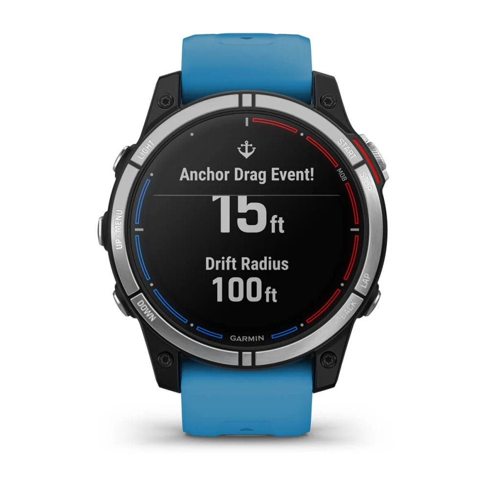 Garmin quatix 7 Standard Edition displaying an Anchor Drag Event! with measurements of 15 ft and a drift radius of 100 ft on the screen.