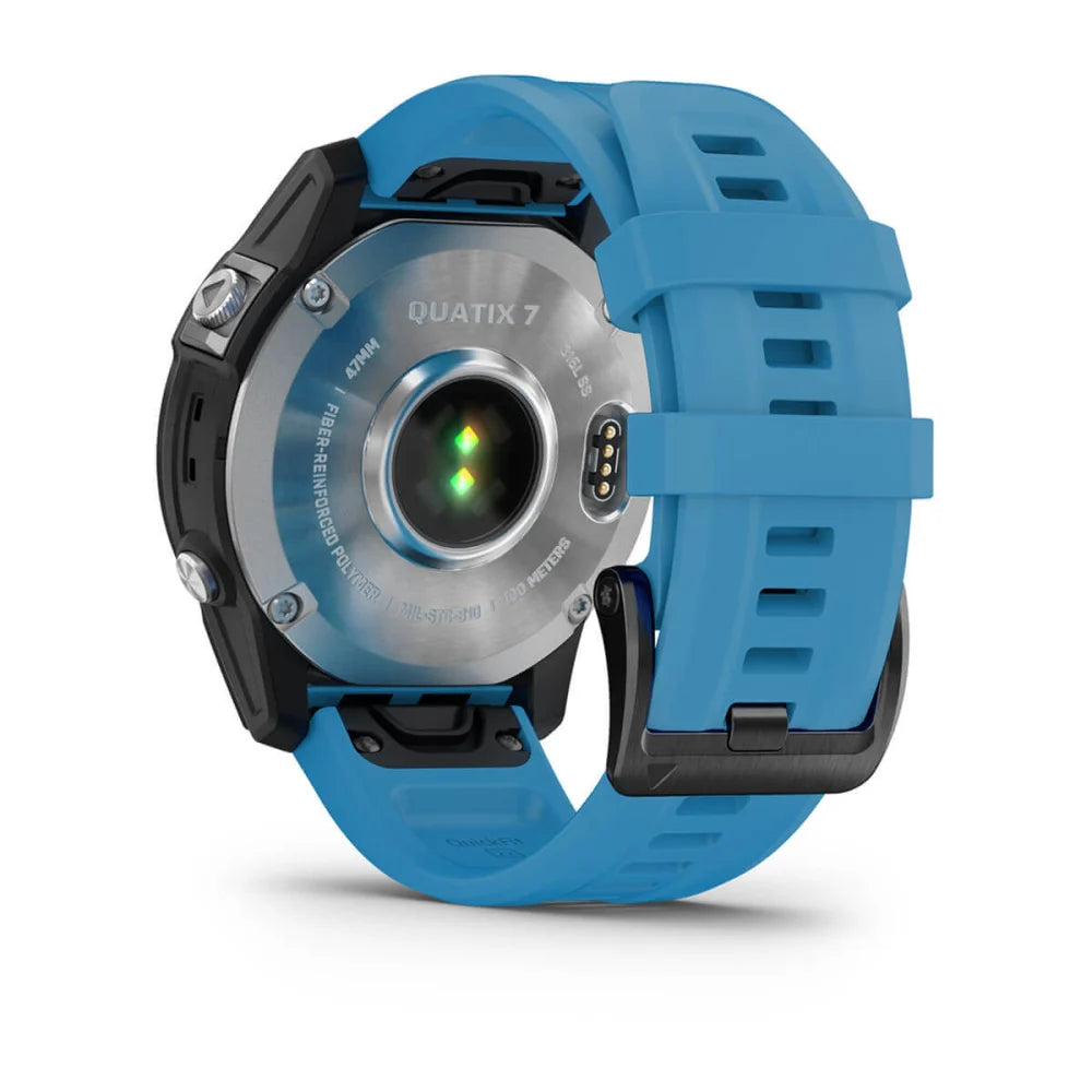 Garmin quatix 7 Standard Edition smartwatch with a blue strap, showing the back design and sensor.