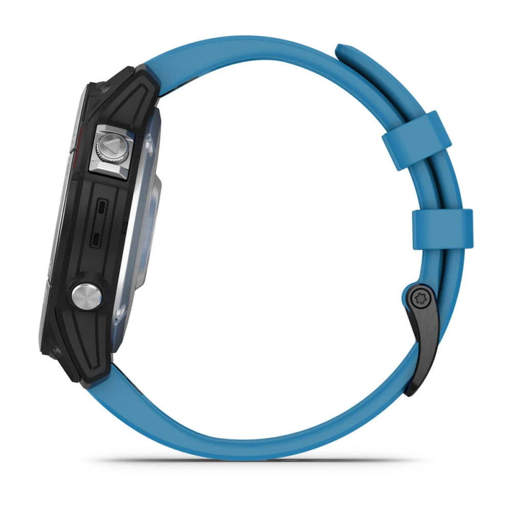 Side view of the Garmin quatix 7 Standard Edition smartwatch featuring a black case and a blue silicone strap.