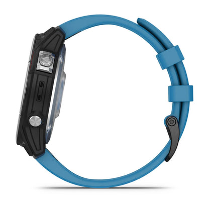 Side view of the Garmin quatix 7 Standard Edition smartwatch featuring a black case and a blue silicone strap.