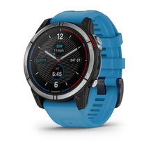 Garmin quatix 7 Standard Edition smartwatch displaying time and various metrics on a black and blue watch face with a blue silicone strap.