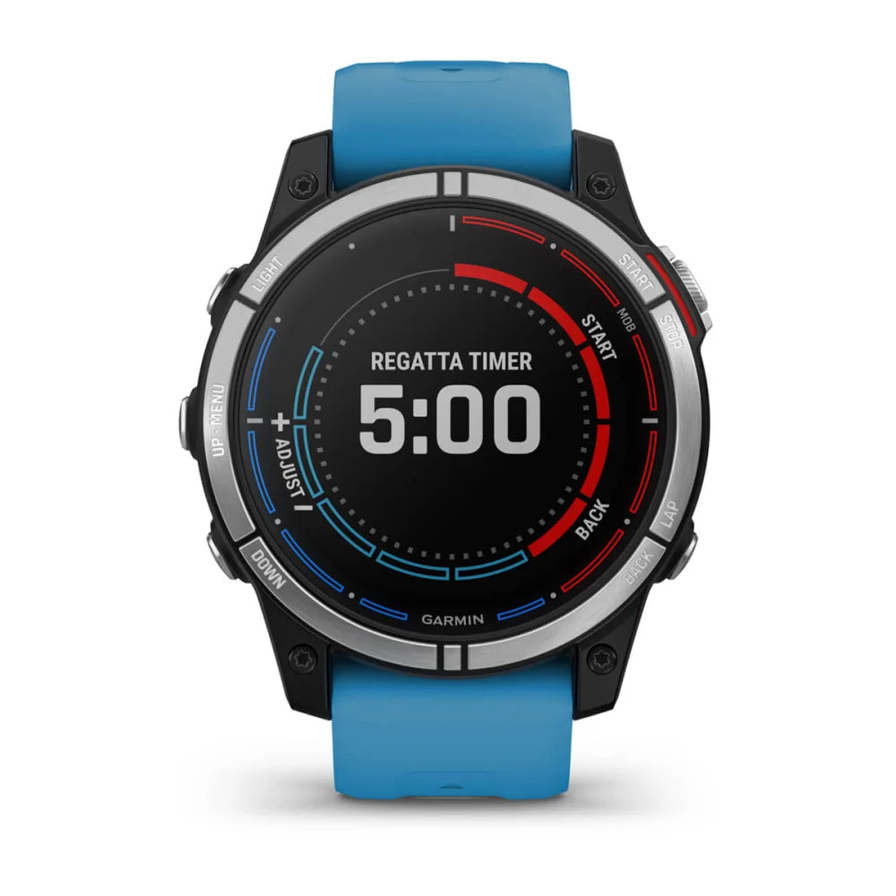 Garmin quatix 7 Standard Edition smartwatch displaying a regatta timer with a countdown of 5:00 on a black screen, featuring a blue silicone strap.