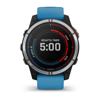 Garmin quatix 7 Standard Edition smartwatch displaying a regatta timer with a countdown of 5:00 on a black screen, featuring a blue silicone strap.