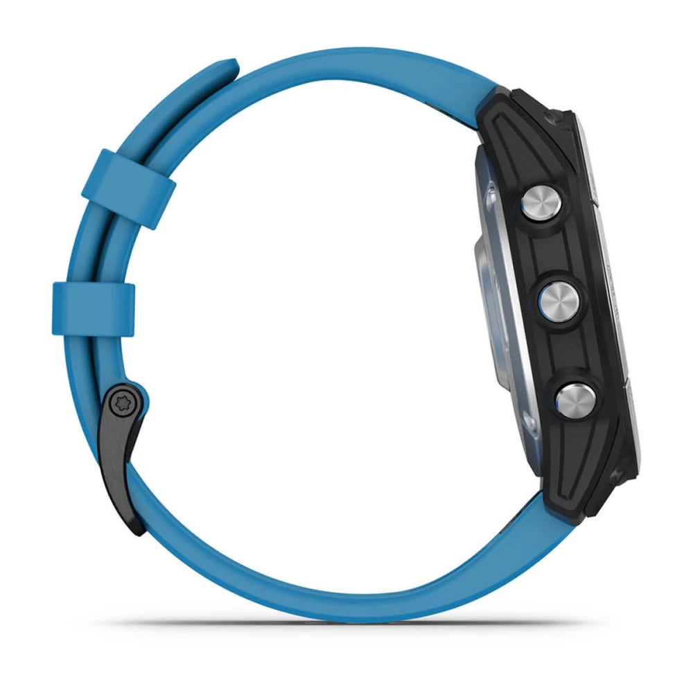 Garmin quatix 7 Standard Edition smartwatch displayed from the side, featuring a black case and a blue silicone strap.
