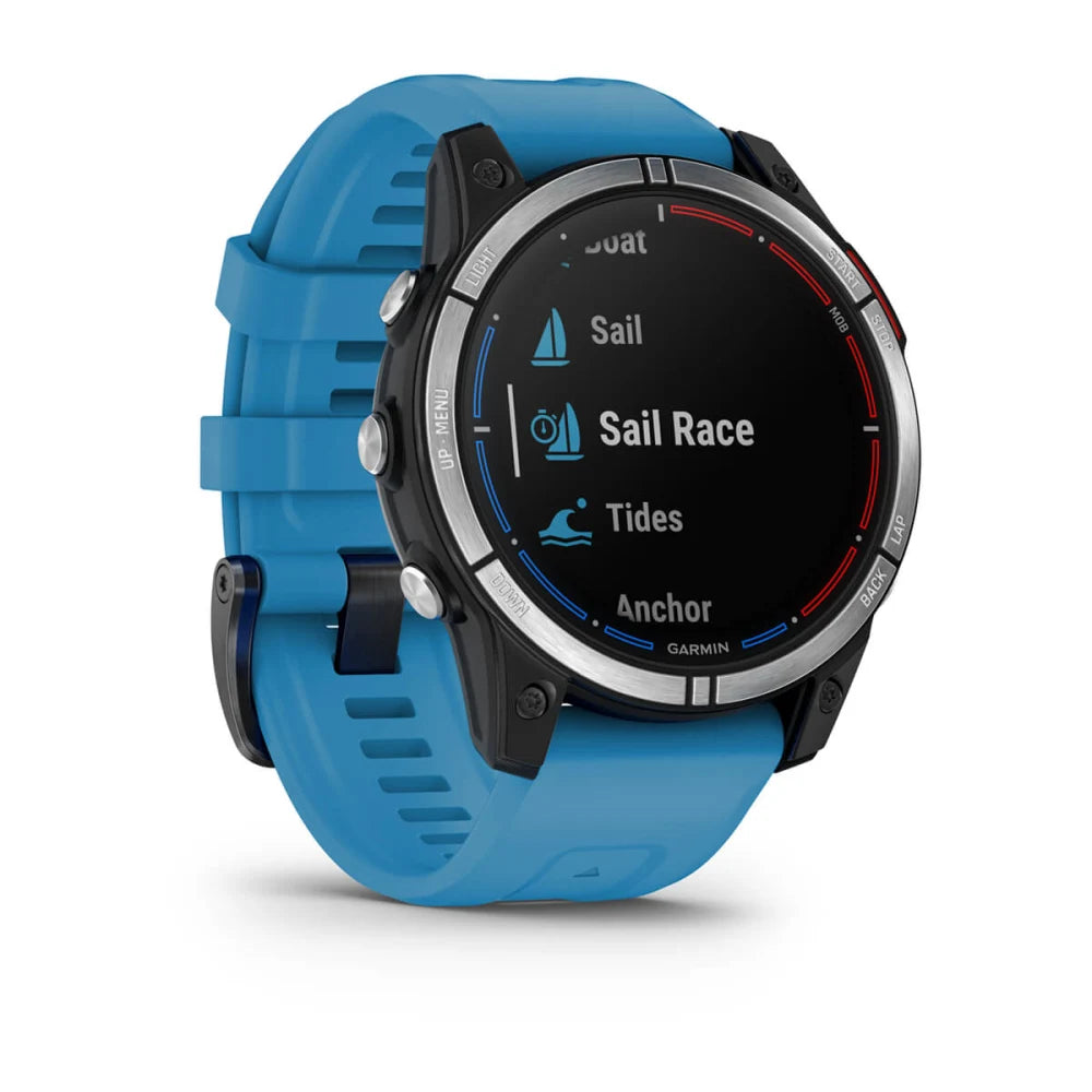 Garmin quatix 7 Standard Edition smartwatch with a blue strap displaying sailing features on the screen.
