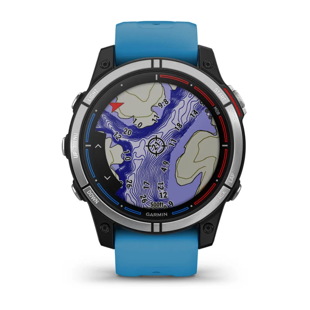 Garmin quatix 7 Standard Edition smartwatch displaying a detailed topographic map on its screen with a blue strap.