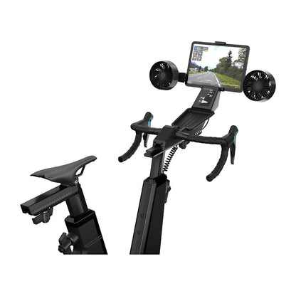 Smart fitness bike with display screen and built-in fans, optimized for interactive cycling workouts.