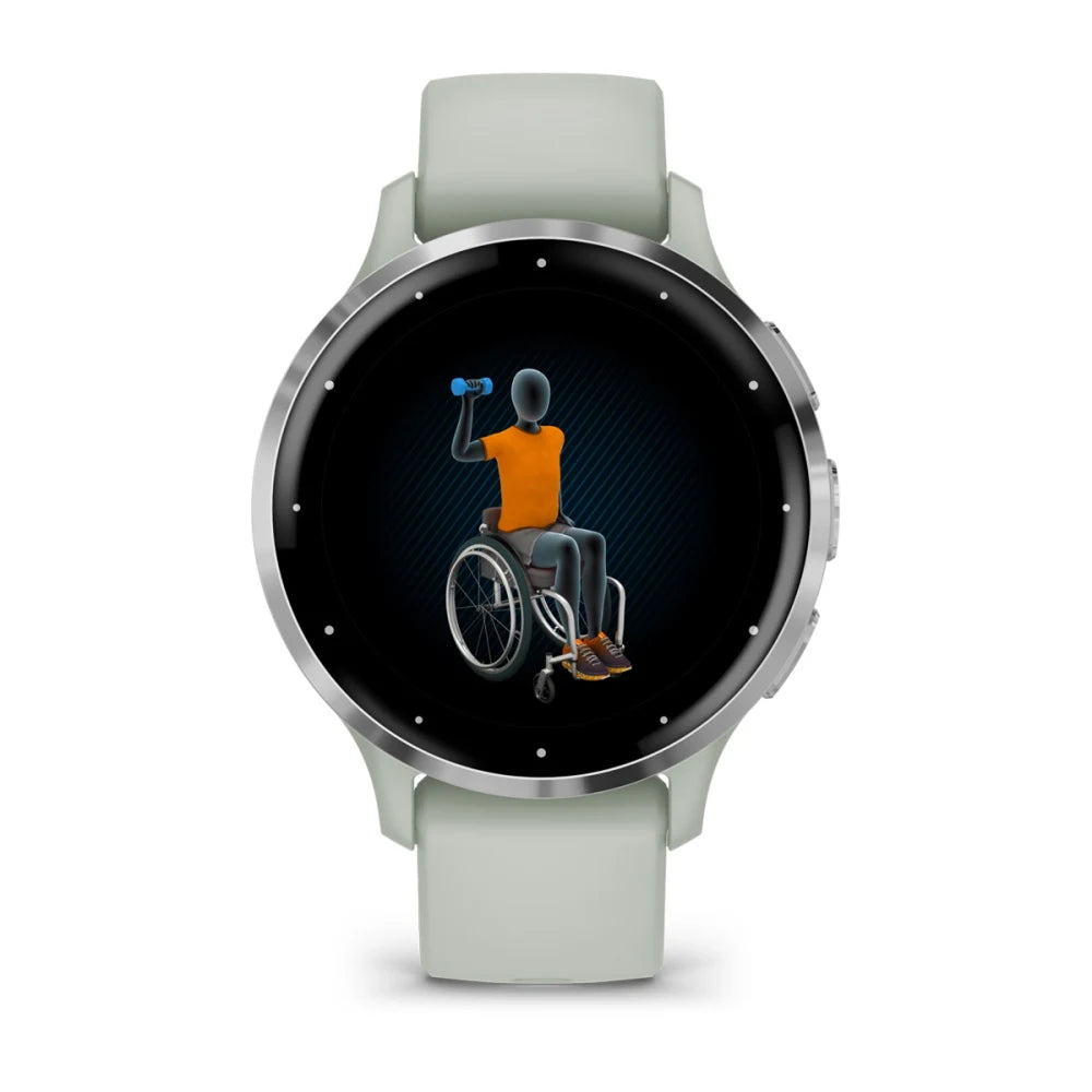 Garmin Venu 3S smartwatch displaying an animated figure in a wheelchair lifting a dumbbell.