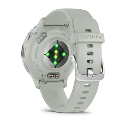 Garmin Venu 3S smartwatch showing the back view with sensors and a light green strap.