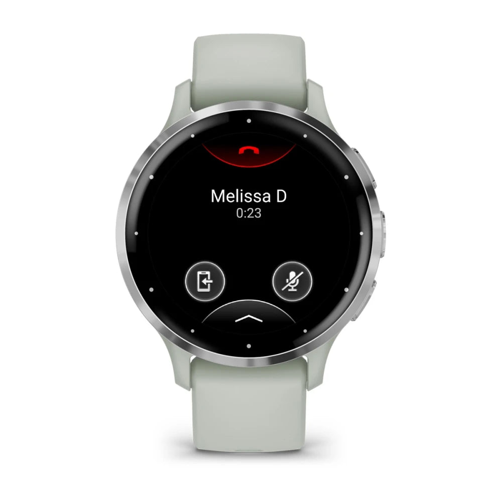 Garmin Venu 3S smartwatch displaying a call screen with the name 'Melissa D' and a timer showing 0:23.