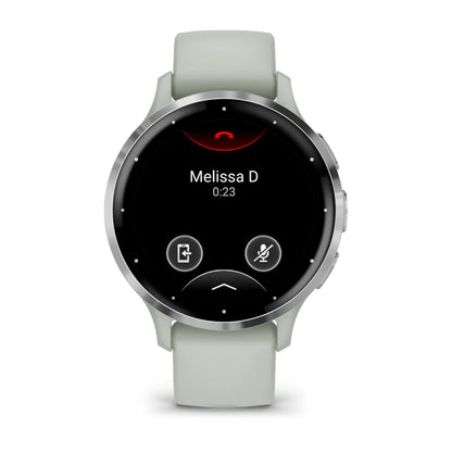 Garmin Venu 3S smartwatch displaying a call screen with the name 'Melissa D' and a timer showing 0:23.