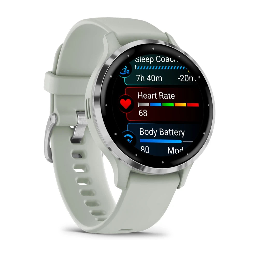 Garmin Venu 3S smartwatch displaying heart rate and body battery information on a sleek, light green strap.