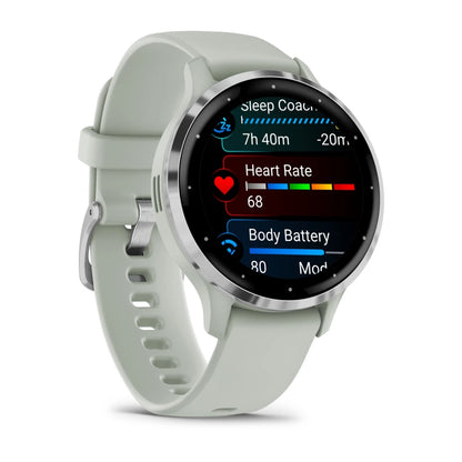 Garmin Venu 3S smartwatch displaying heart rate and body battery information on a sleek, light green strap.
