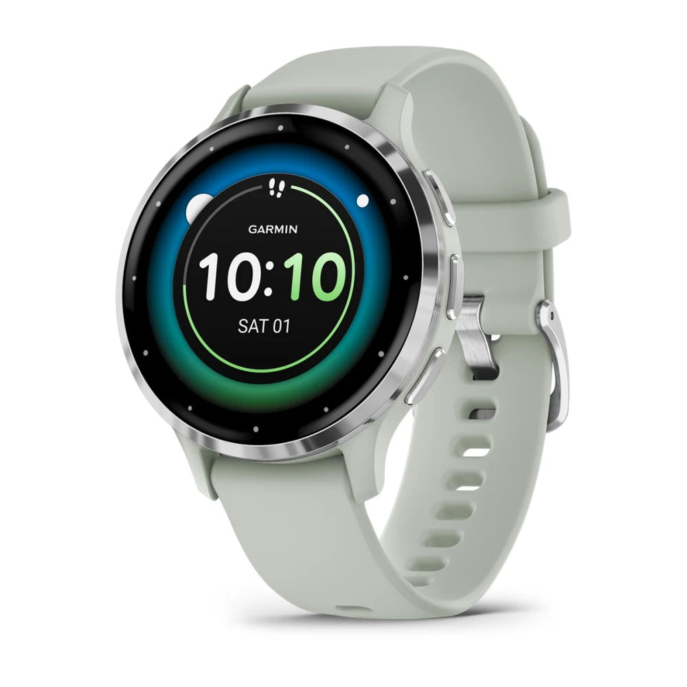 Garmin Venu 3S smartwatch displaying the time 10:10 and the date, with a light green strap and a sleek round face.