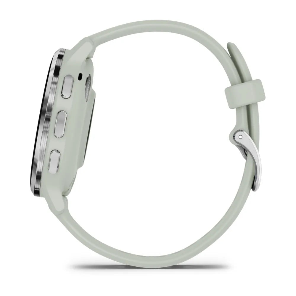 Side view of the Garmin Venu 3S smartwatch with a light green strap.