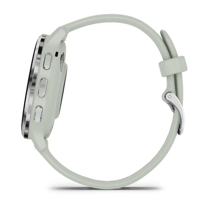Side view of the Garmin Venu 3S smartwatch with a light green strap.
