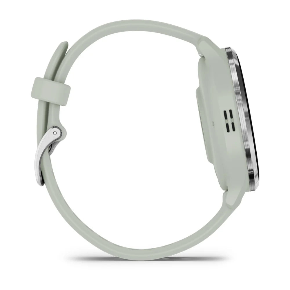 Side view of the Garmin Venu 3S smartwatch featuring a light green strap and a sleek design.
