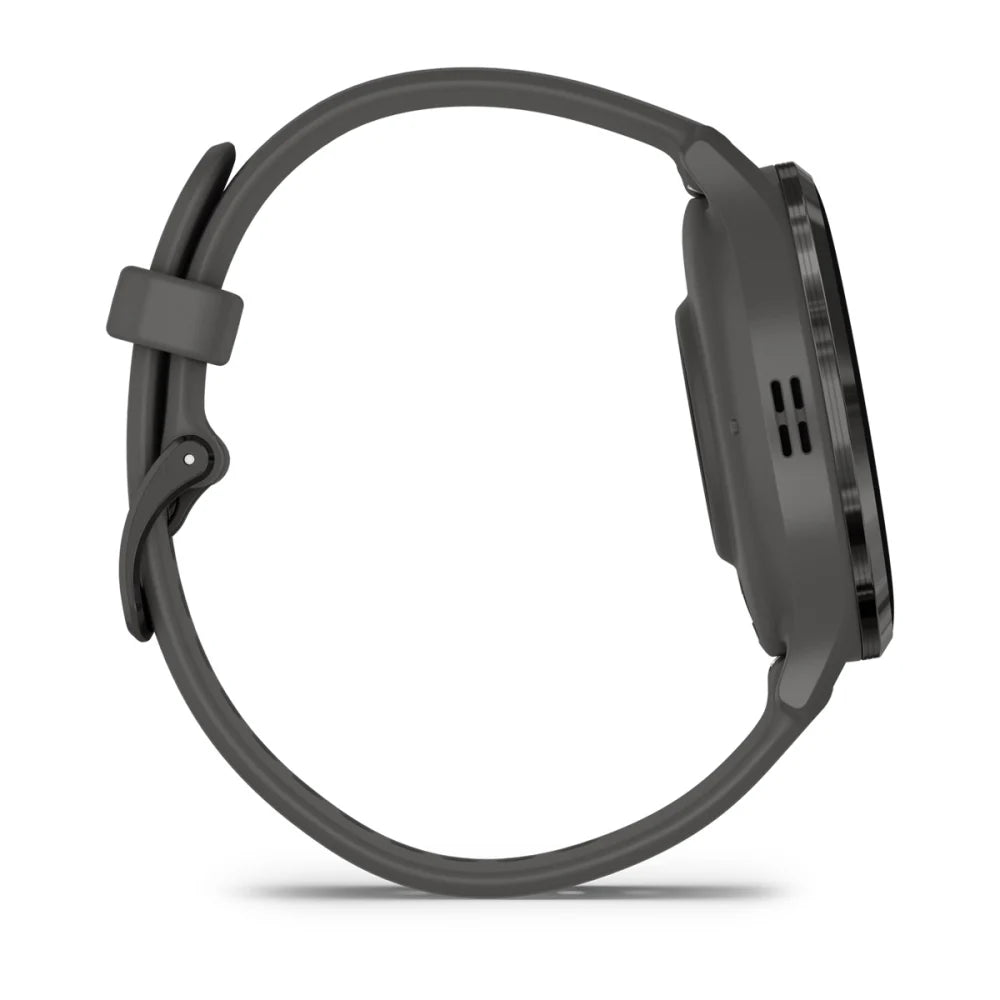Side view of a Garmin Venu 3S smartwatch with a gray strap.