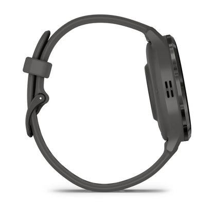 Side view of a Garmin Venu 3S smartwatch with a gray strap.