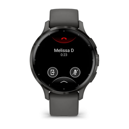 Garmin Venu 3S smartwatch displaying a call screen with the name Melissa D and a timer showing 0:23.