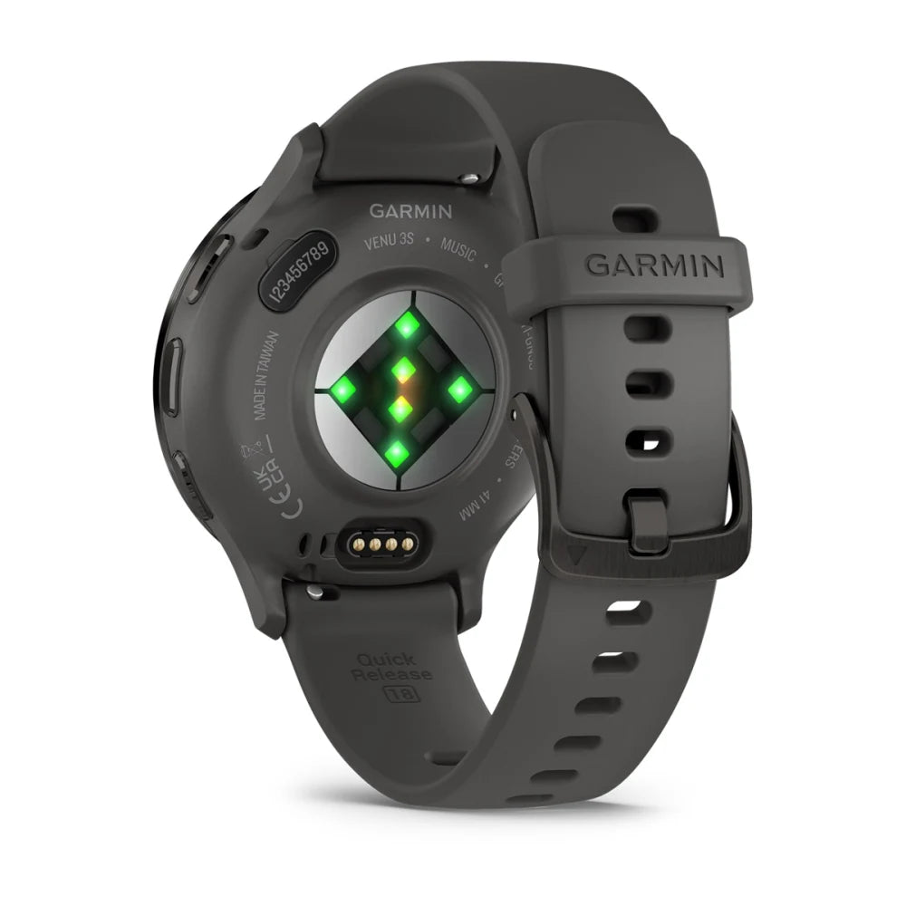 Back view of the Garmin Venu 3S smartwatch showing the heart rate sensors and quick release strap.