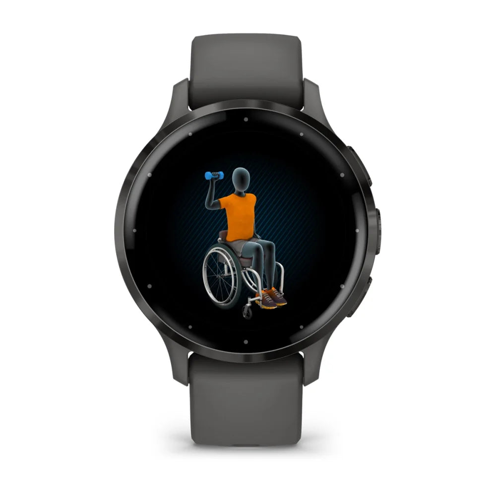 Garmin Venu 3S smartwatch displaying an animated figure in a wheelchair lifting a dumbbell.