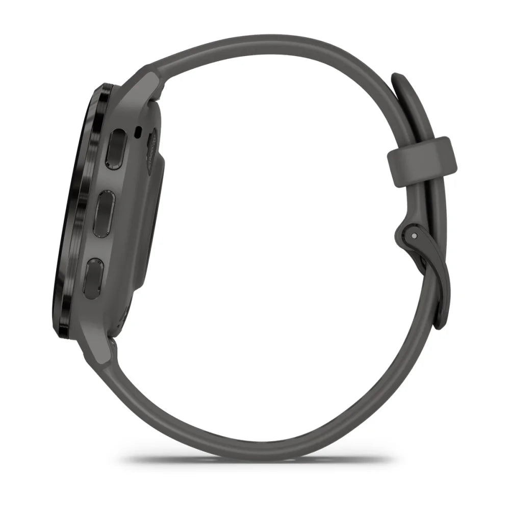 Side view of the Garmin Venu 3S smartwatch showcasing its sleek design and buttons.