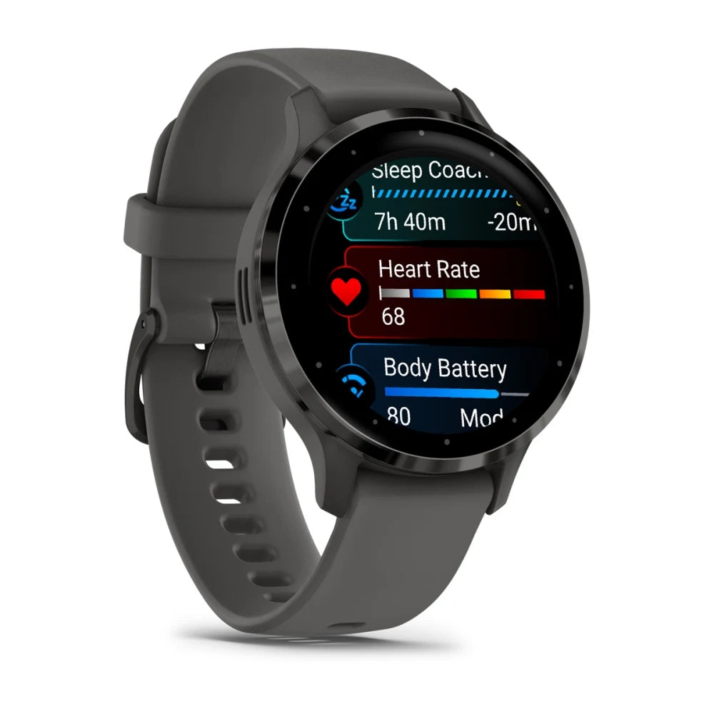 Garmin Venu 3S smartwatch displaying health metrics including heart rate and body battery levels.