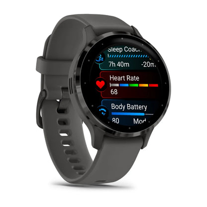 Garmin Venu 3S smartwatch displaying health metrics including heart rate and body battery levels.