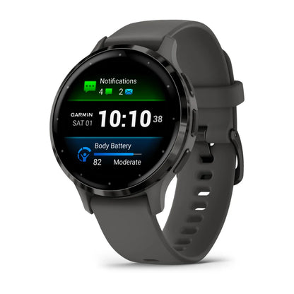 Garmin Venu 3S smartwatch displaying notifications and body battery status.