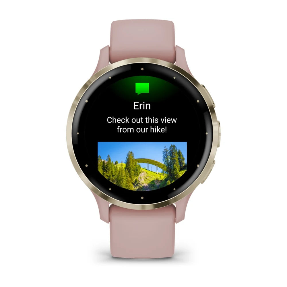 Garmin Venu 3S smartwatch displaying a message from Erin with a photo of a scenic hiking view.