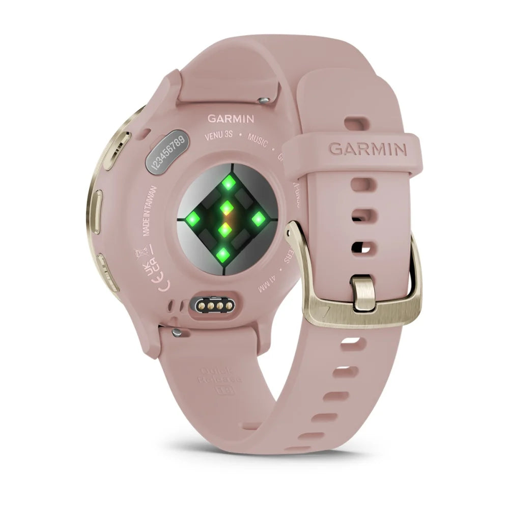 Back view of a Garmin Venu 3S smartwatch showing sensors and a soft pink strap.