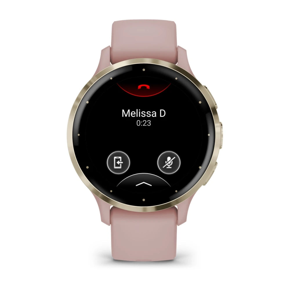 Garmin Venu 3S smartwatch displaying a call interface with the name Melissa D and a timer showing 0:23. The watch has a pink strap and a gold bezel.