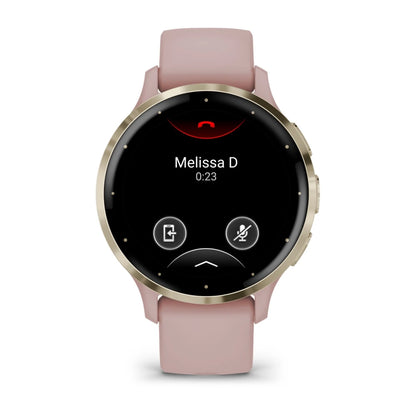 Garmin Venu 3S smartwatch displaying a call interface with the name Melissa D and a timer showing 0:23. The watch has a pink strap and a gold bezel.