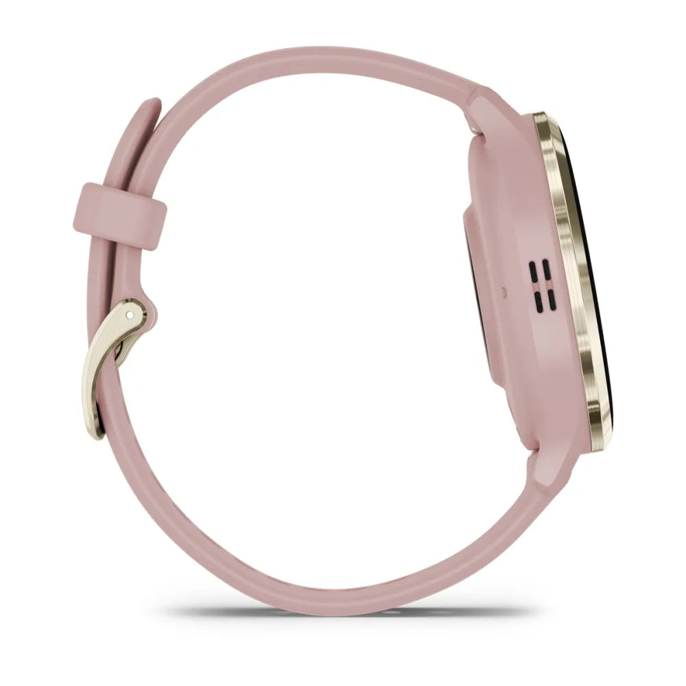 Side view of the Garmin Venu 3S smartwatch featuring a pink strap and gold accents.