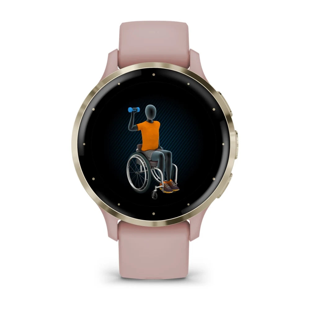 Garmin Venu 3S smartwatch displaying an animated figure in a wheelchair lifting a dumbbell.