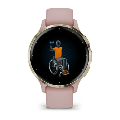 Garmin Venu 3S smartwatch displaying an animated figure in a wheelchair lifting a dumbbell.