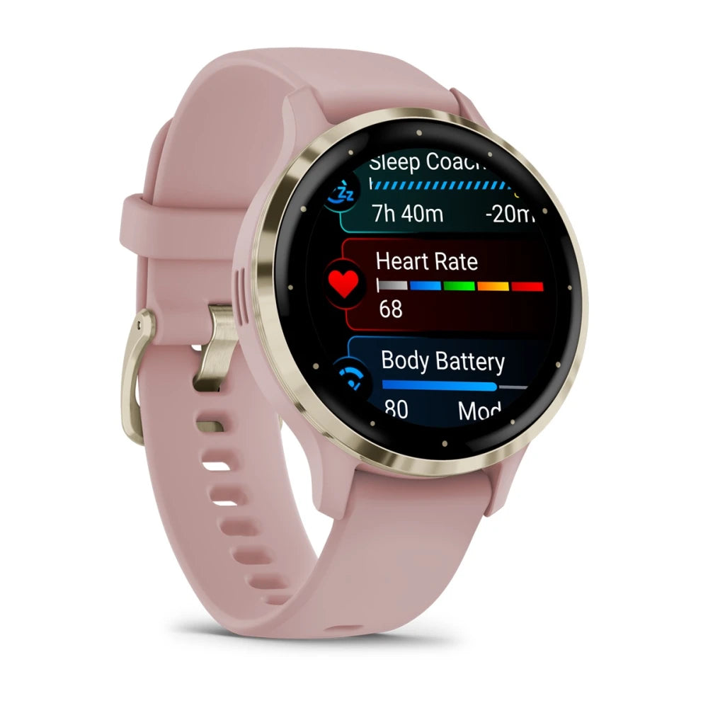 Garmin Venu 3S smartwatch displaying heart rate, sleep coaching, and body battery metrics on a pink strap.