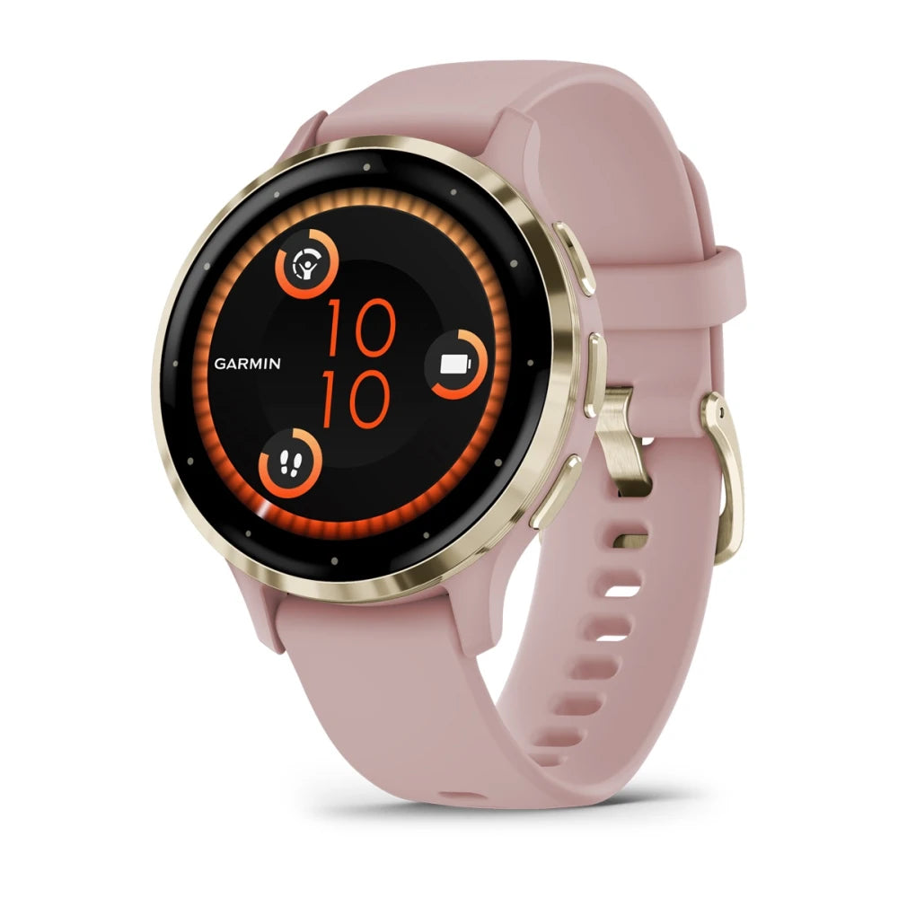 Garmin Venu 3S smartwatch with a round display, featuring a pink strap and gold accents, displaying time and fitness icons.