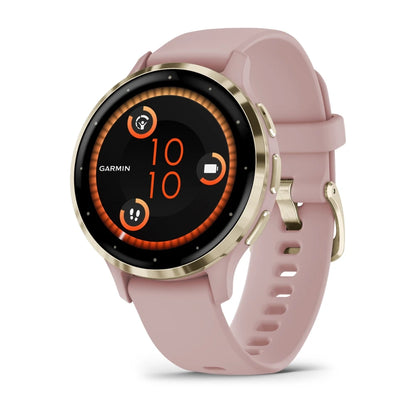Garmin Venu 3S smartwatch with a round display, featuring a pink strap and gold accents, displaying time and fitness icons.