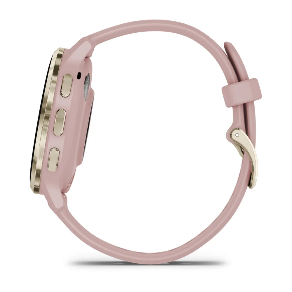 Side view of the Garmin Venu 3S smartwatch featuring a pink strap and gold accents.